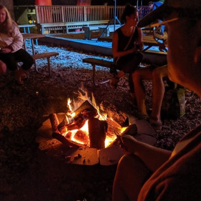 a group of people sitting around a fire
