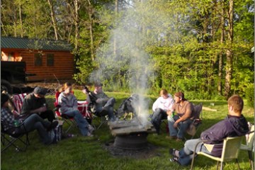 a group of people in a forest